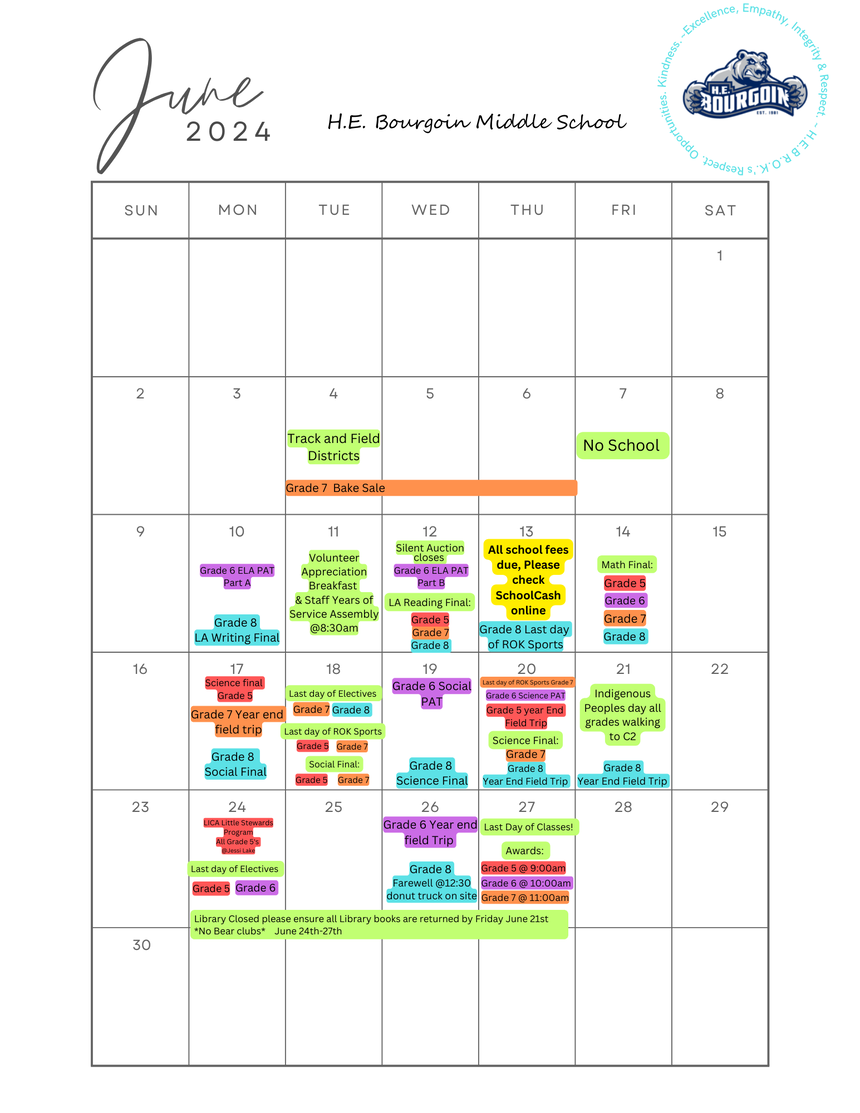 HEB June 2025 Calendar H.E. Bourgoin School